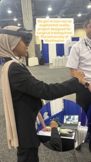 A photo of Shary testing out Microsoft Hololens